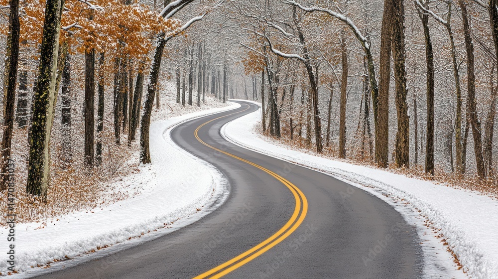 Winding Road Through a Snowy Forest During the Winter Season Winding Road Through a Snowy Forest During the Winter Season