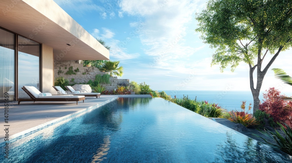 Fototapeta premium Modern villa with infinity pool overlooking serene ocean view