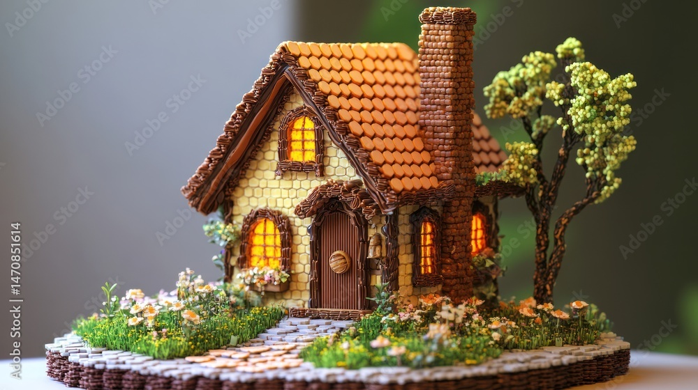 Fototapeta premium Enchanting Miniature Cottage with Illuminated Windows and Stone Pathway