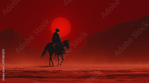 a tough dark evil cowboy at night riding through the desert