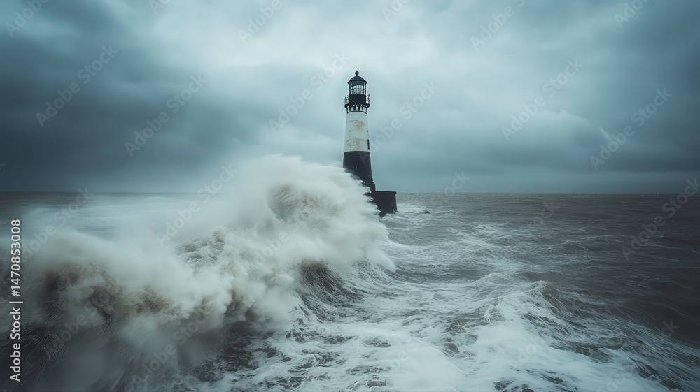 Majestic Lighthouse Surviving Powerful Ocean Waves Under Overcast Sky Featuring Dark Water Tones and Dramatic Scene With a Beacon in Coastal Setting Majestic Lighthouse Surviving Powerful Ocean Waves Under Overcast Sky Featuring Dark Water Tones and Dramatic Scene With a Beacon in Coastal Setting