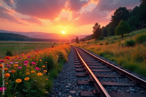 Sunrise over scenic railway tracks winding through vibrant wildflowers , sunset, rails