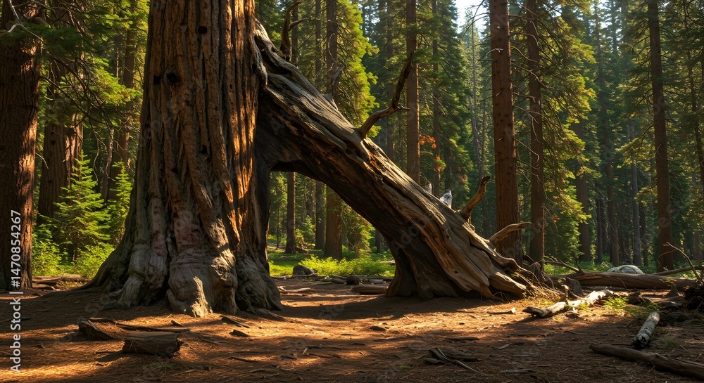 Giant Tree with Fallen Trunk Creating Natural Archway in Forest Giant Tree with Fallen Trunk Creating Natural Archway in Forest