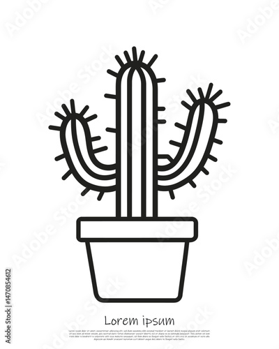 Black outlined cactus succulent plant in pot with transparent background