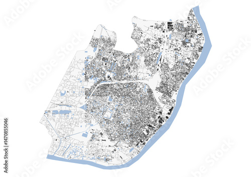 Vector map of highways, waterways and buildings in Howea, India with black and white color.
