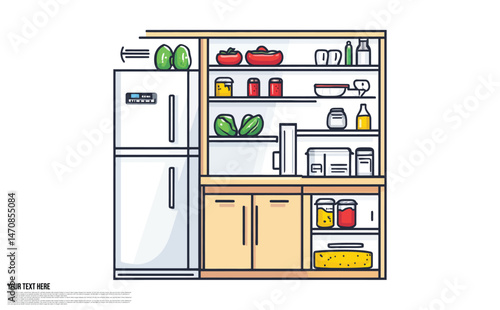 Isolated kitchen interior with fridge, shelves, food, groceries and kitchenware
