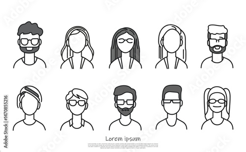 Line art diverse people avatars, faceless outline portrait collection on white design