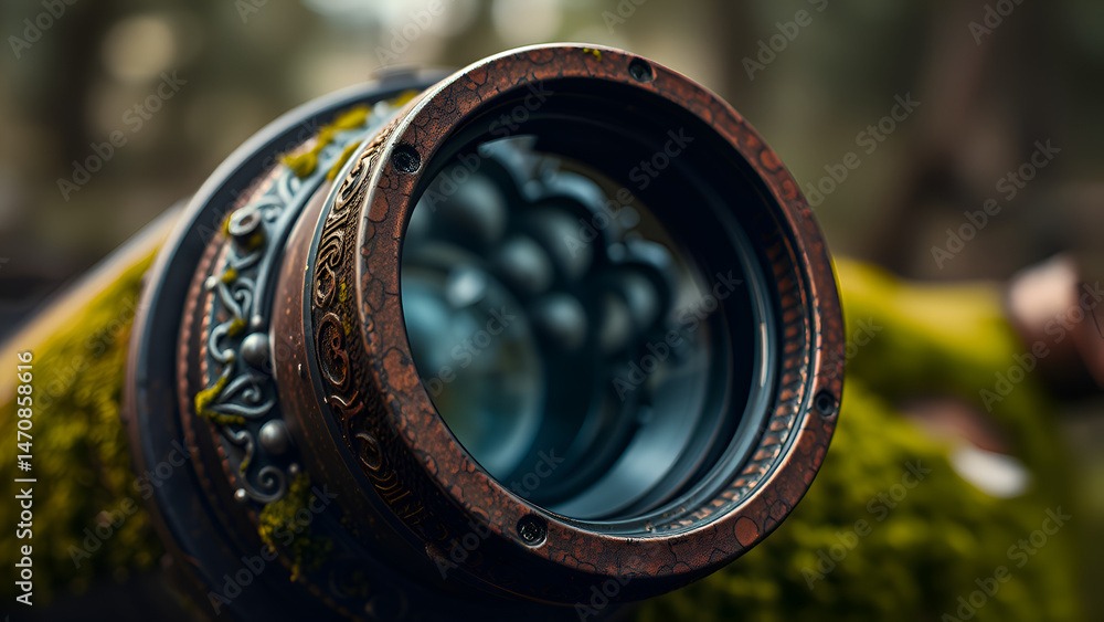 Close up of Ornate Steampunk Style Telescope Lens with Mossy Background Close up of Ornate Steampunk Style Telescope Lens with Mossy Background