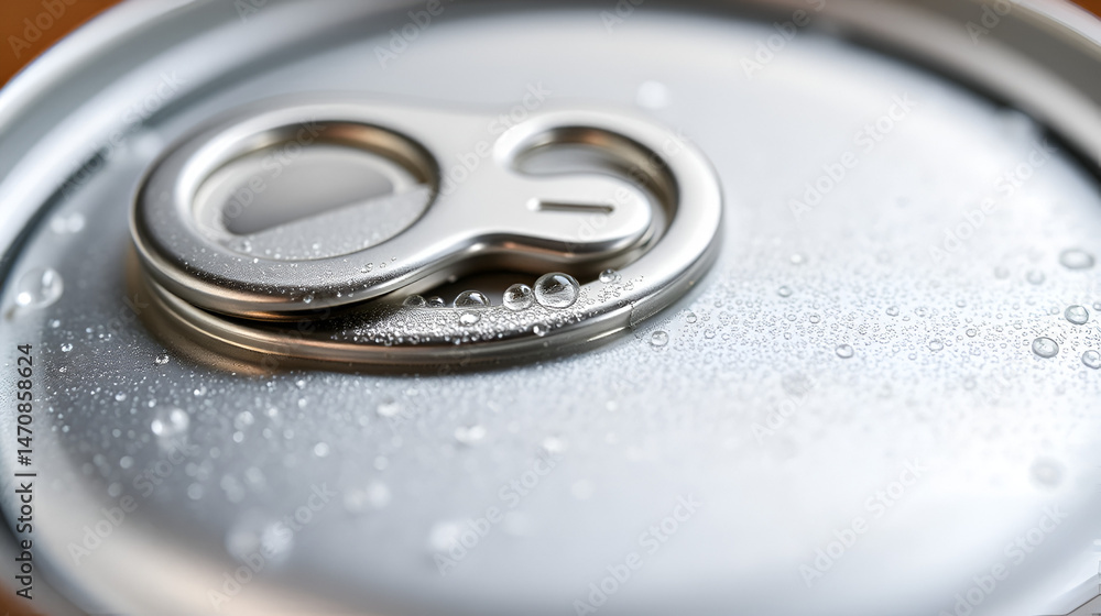 Obraz premium Close-up view of a metallic can lid with condensation.