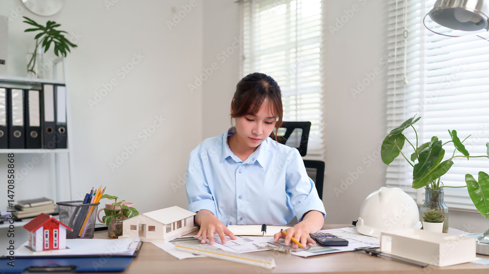 Asian Woman Architect Designs Building Blueprint at Office Workplace Asian Architect Designs with Tools And Model Home Plans For Dream Home Design Asian Woman Architect Designs Building Blueprint at Office Workplace Asian Architect Designs with Tools And Model Home Plans For Dream Home Design
