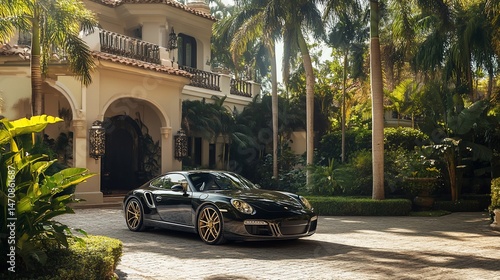 Luxury Living: A Sleek Sports Car Parked in Front of an Estate Mansion