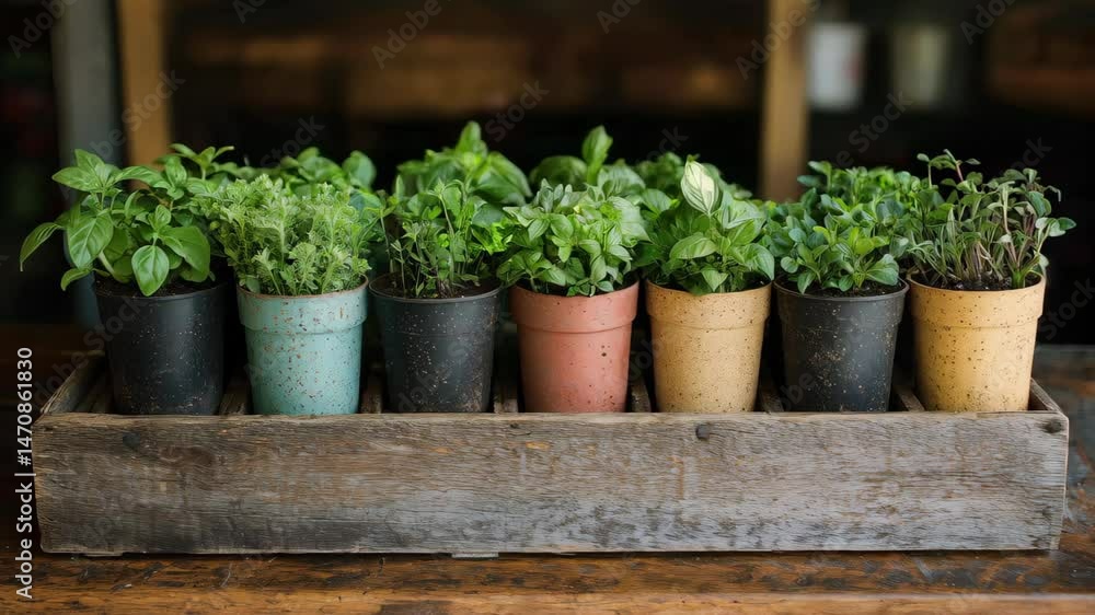 A row of potted herbs in various colors, showcasing fresh greenery and earthy tones in a rustic setting. A row of potted herbs in various colors, showcasing fresh greenery and earthy tones in a rustic setting.