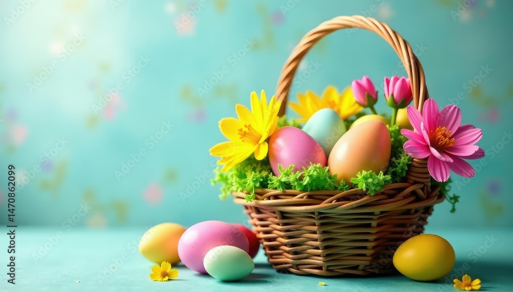 Colorful Easter eggs nestled in a spring basket overflowing with vibrant flowers , garden, basket Colorful Easter eggs nestled in a spring basket overflowing with vibrant flowers , garden, basket