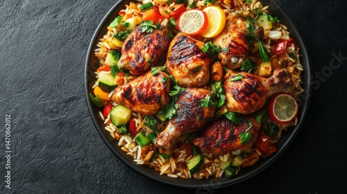 Grilled chicken drumsticks and rice dish with vegetables.