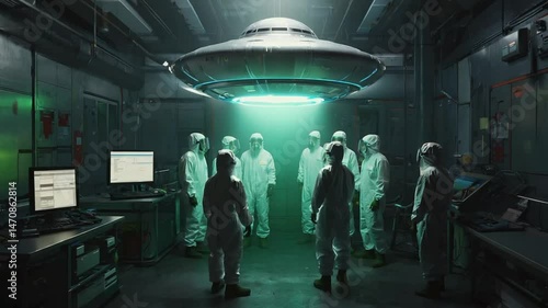 Futuristic laboratory scene with ufo and researchers under glowing light