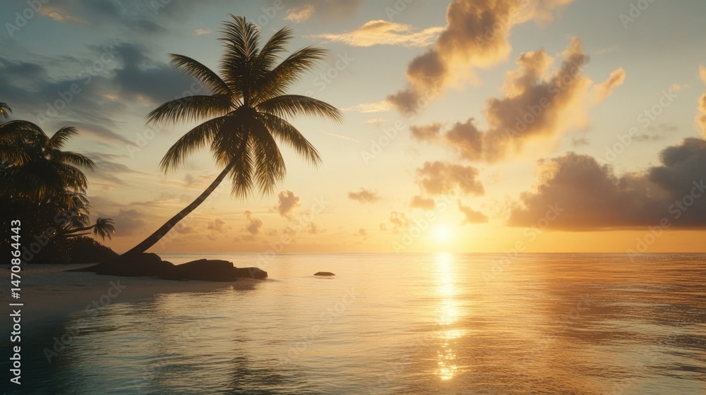 Beautiful sunset over the ocean with a leaning palm tree Beautiful sunset over the ocean with a leaning palm tree
