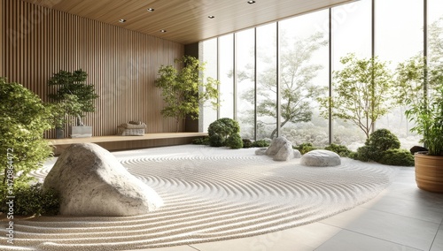 Serene Minimalist Zen Garden Interior with Sunlight and Lush Greenery