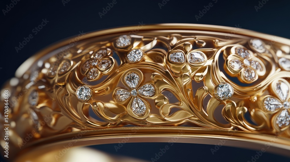 Intricate golden bangle with diamonds and floral filigree design Intricate golden bangle with diamonds and floral filigree design