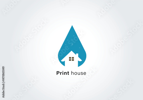 Print House Logo – Blue Ink Drop with Home Icon Design