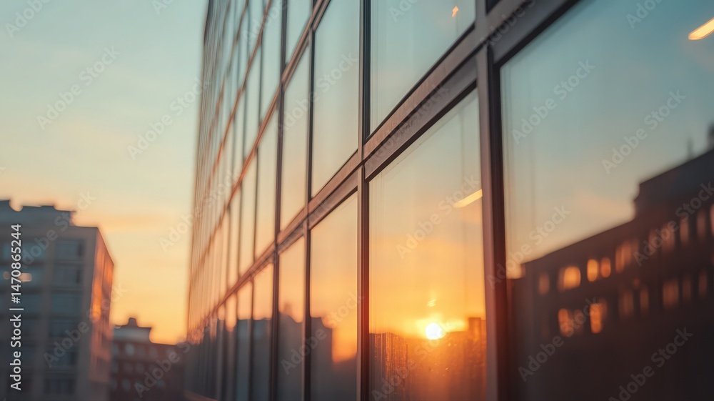Obraz premium Modern Building Facade Reflecting Sunset Cityscape