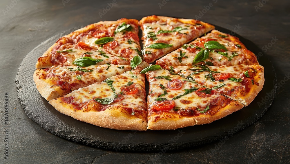 Slices of pizza on dark slate board Slices of pizza on dark slate board