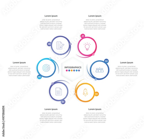 Modern Infographic design elements for your business data with 6 options, parts, steps, timelines or processes, Circle round concept. Vector Illustration.	