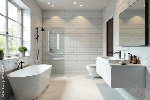 Wallpaper Mural Modern tiled bathroom, showcasing elegant subway tile and sleek fixtures Clean lines and minimalist design , subway tile, light, home Torontodigital.ca