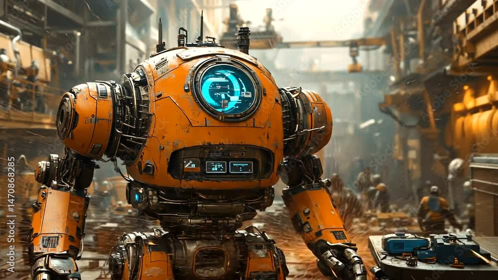 A vibrant industrial scene featuring a humanoid robot working amidst busy machinery and workers A vibrant industrial scene featuring a humanoid robot working amidst busy machinery and workers