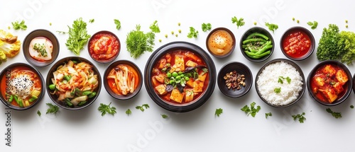 Assorted korean dishes arranged on a white surface
