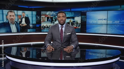 Professional news reporter at desk in a modern television studio