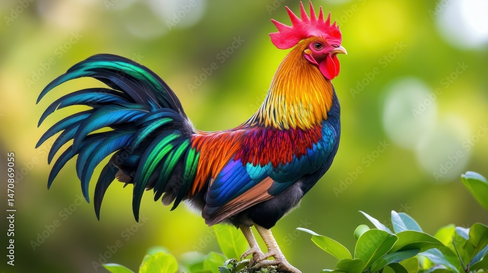 Fototapeta premium A vibrantly colored rooster perches on a green leafy branch