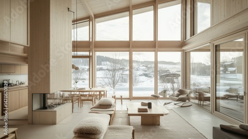 Light-filled, modern home interior with panoramic views.