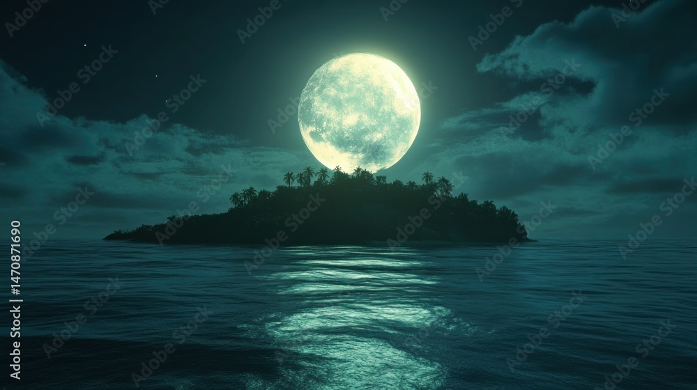An isolated island appears at night beneath a glowing full moon An isolated island appears at night beneath a glowing full moon