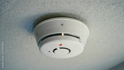 White smoke detector on ceiling fire safety and prevention concept