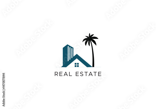 Real Estate Logo with House, High-Rise Building, and Palm Tree Icon