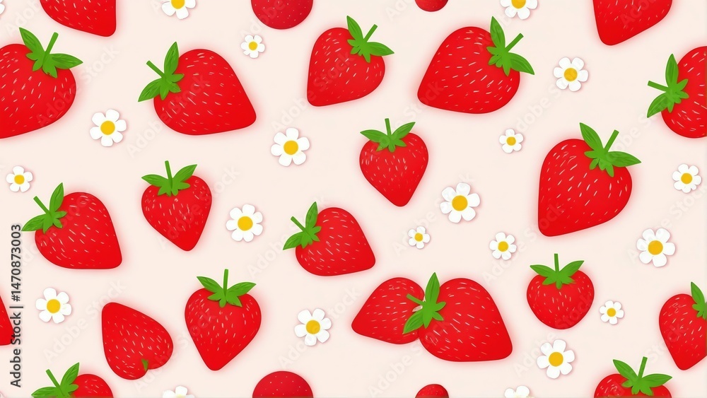 Strawberry flat vector seamless pattern. Summer drinks, sweets and desserts with taste of strawberries. Chocolate strawberry, cookie, sandwich, mochi, cheesecake, tanghulu. Strawberry flat vector seamless pattern. Summer drinks, sweets and desserts with taste of strawberries. Chocolate strawberry, cookie, sandwich, mochi, cheesecake, tanghulu.