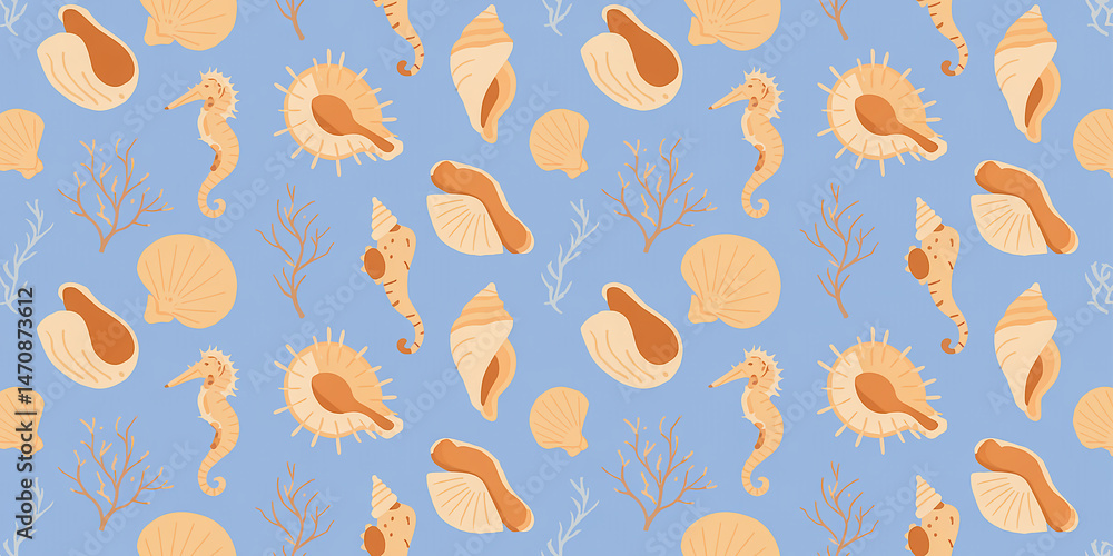 Seamless Tropical Ocean Pattern with Beige Seahorses, Shells, Coral & Marine Elements – Perfect for Summer Beach Decor Seamless Tropical Ocean Pattern with Beige Seahorses, Shells, Coral & Marine Elements – Perfect for Summer Beach Decor
