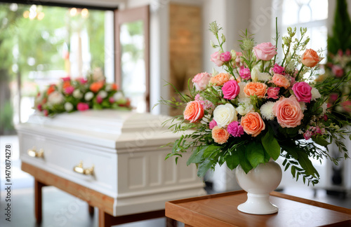 White casket adorned with beautiful floral arrangements, including roses and other blooms, creates serene atmosphere in funeral home