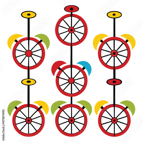 Eight Classic unicycle arranged on white background