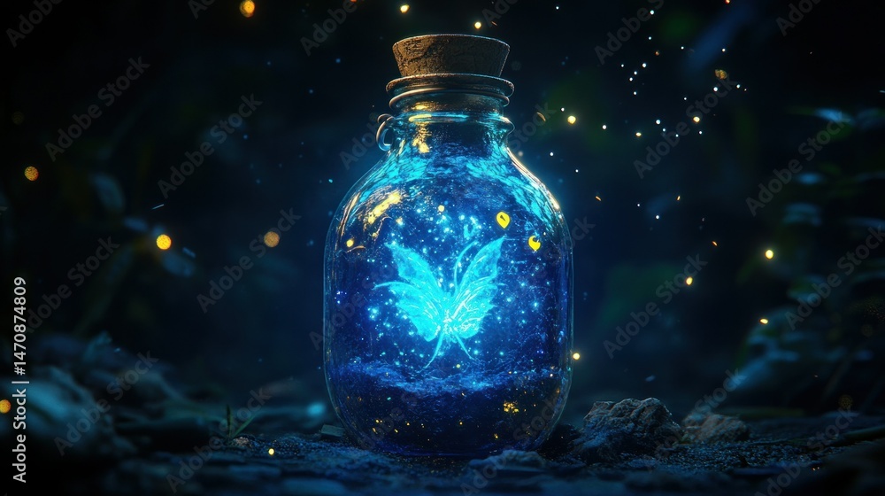 A glowing butterfly sits within a glass bottle in a forest A glowing butterfly sits within a glass bottle in a forest