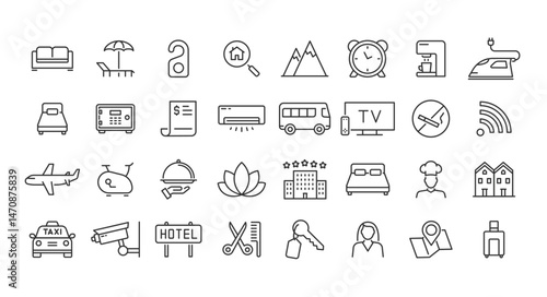 Hotel icons symbolize travel amenities