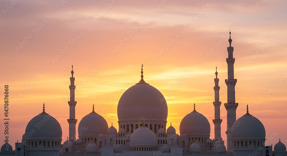 Fototapeta premium Iconic white mosque silhouetted against a vibrant sunset sky, showcasing stunning Islamic architecture