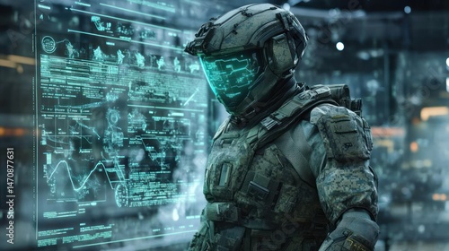 Futuristic soldier in tactical gear analyzing data in urban setting