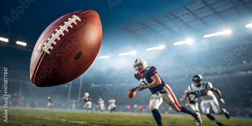 Dynamic football player pursues ball in vibrant stadium, action-packed sports event, thrilling atmosphere, dramatic perspective