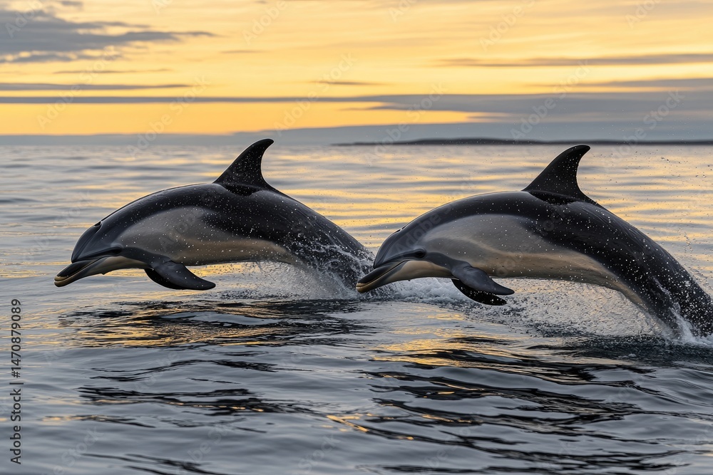 Fototapeta premium Dolphins leaping at sunset (1)