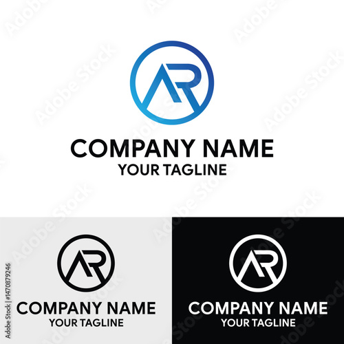 Initial AR letter geometric shaped rounded vector trendy modern logo design template. This image showcases three variations of a minimalist logo design featuring the letters "AR" within a circle.