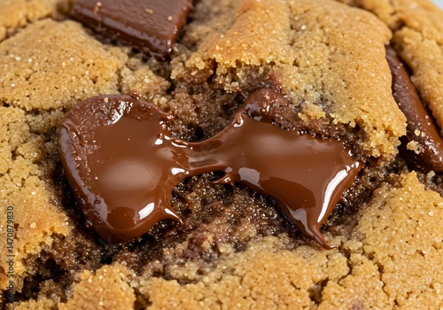 Zoomed-in perspective chocolate chip cookie highlighting melted, gooey chips.