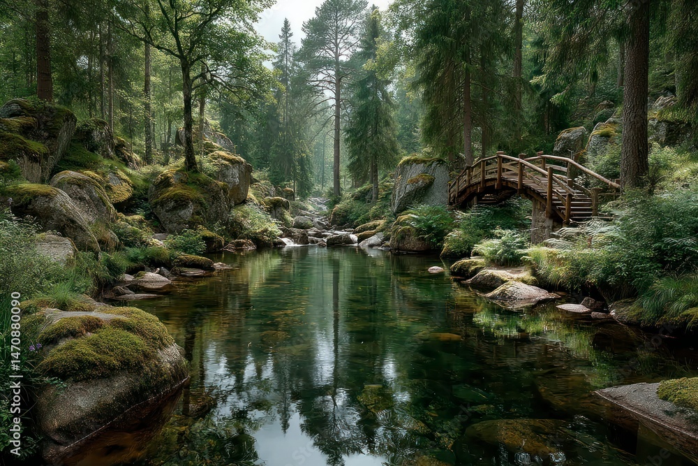 Fototapeta premium Serene Forest Stream with Wooden Bridge and Mossy Rocks