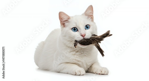 Stunning White Cat with Blue Eyes Holding a Bird in Its Mouth Isolated on White Background Featuring Natural Feline Instincts and Wildlife Theme in Detailed Close Up Portrait