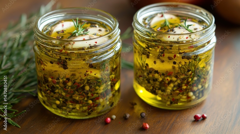 Two glass jars contain infused oil with various spices and herbs Two glass jars contain infused oil with various spices and herbs